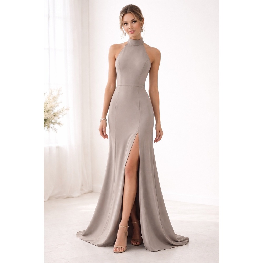 Amsale Size 10 Cora Evening Gown Formal Dress in Stone Gray High Neck Fit Flare